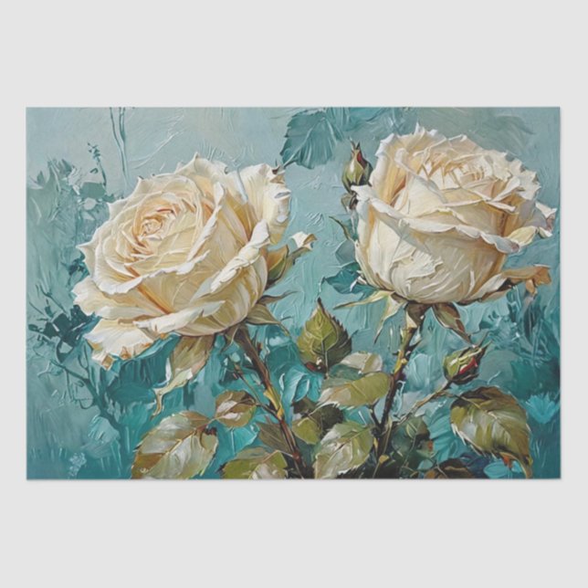 Teal Green and Cream Roses Floral Art Tissue Paper (Front)