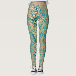 Teal Green and Gold Boho Mandala Pattern Yoga Leggings