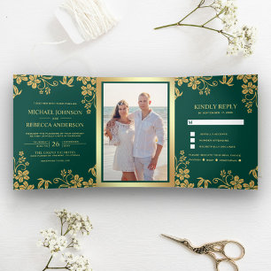 Teal Green and Gold Foil Floral Leaves Wedding Tri-Fold Invitation