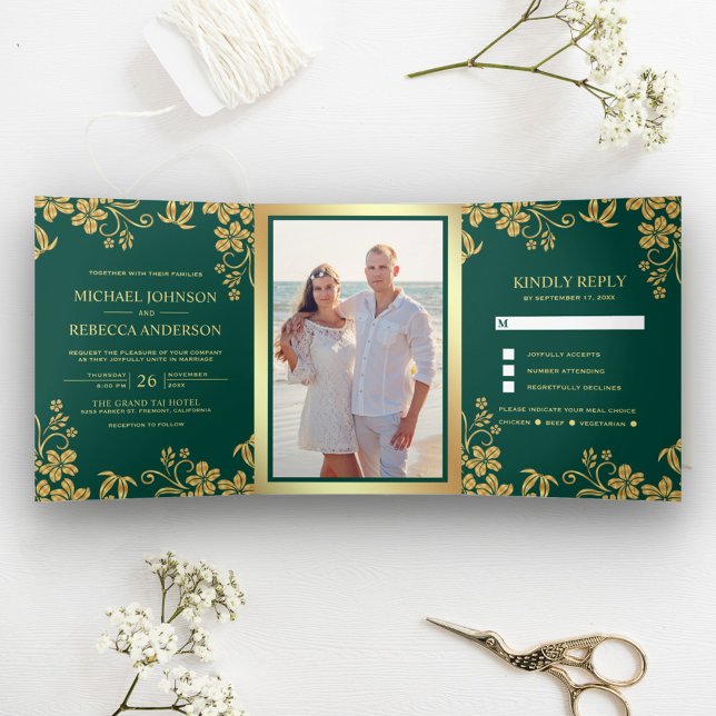 Teal Green and Gold Foil Floral Leaves Wedding Tri-Fold Invitation (Creator Uploaded)