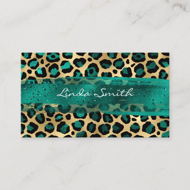 Teal Green and Gold Foil Leopard Brush Stroke Business Card (Front)