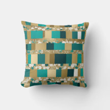 Teal Green And Gold Geometric Pattern With Flowers