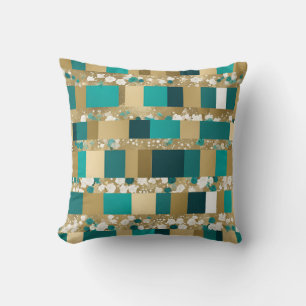 Teal Green And Gold Geometric Pattern With Flowers Cushion