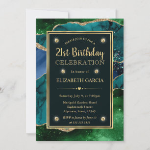 Teal, Green and Gold Glitter Agate Birthday Party Invitation