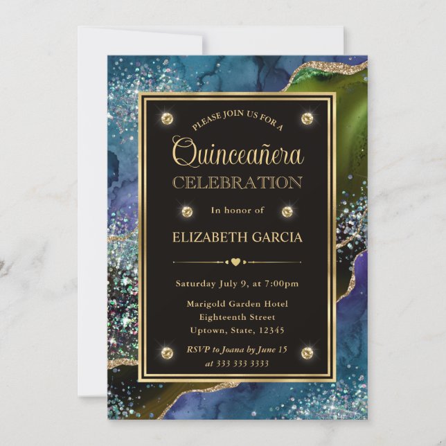Teal, Green and Gold Glitter Agate Quinceanera Invitation (Front)