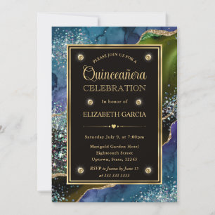 Teal, Green and Gold Glitter Agate Quinceanera Invitation