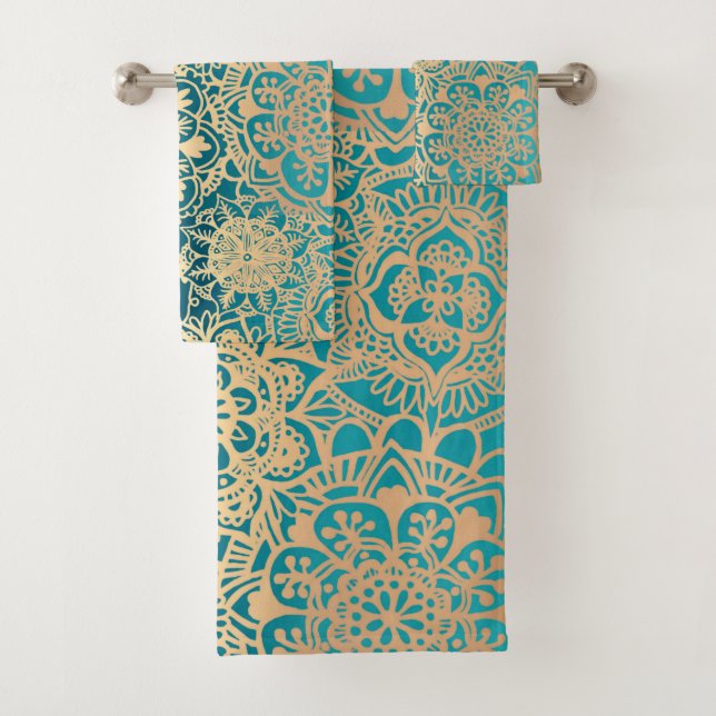 Teal Green and Gold Mandala Boho Chic Bath Towel Set (Insitu)