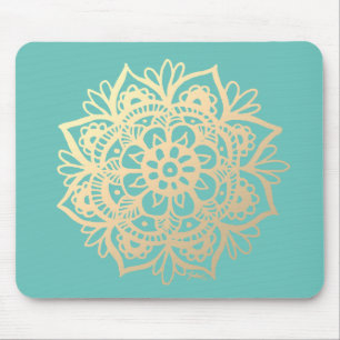 Teal Green and Gold Mandala Flower Mouse Mat