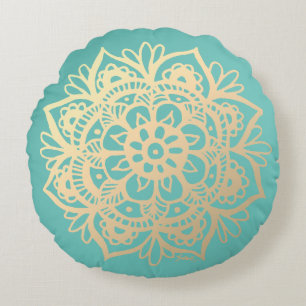 Teal Green and Gold Mandala Flower Round Cushion