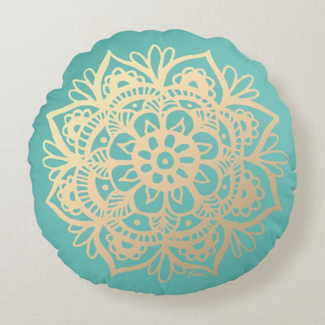 Teal Green and Gold Mandala Flower Round Cushion (Front)
