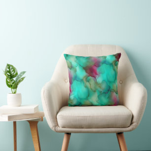 Teal Green and Magenta Fluid Marble Cushion
