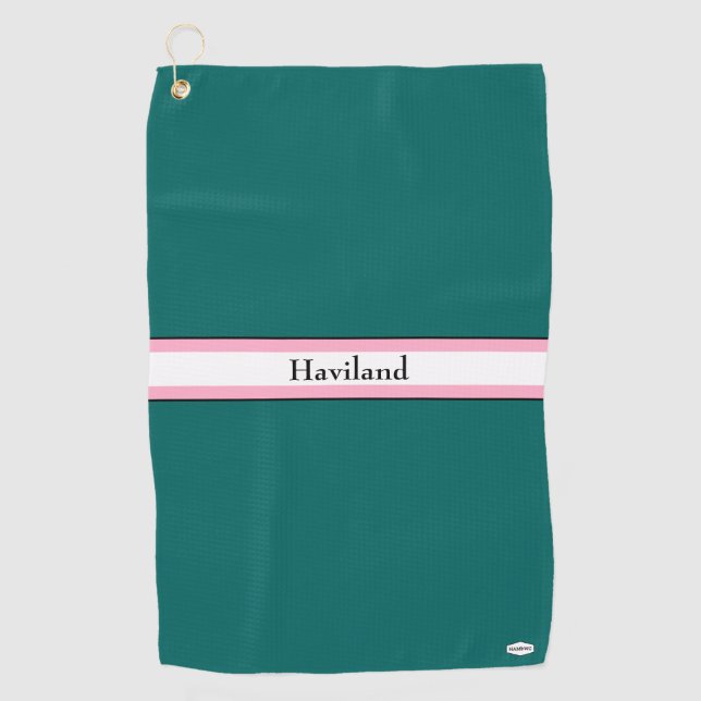 Teal Green and Pink Personalised Golf Towel HAMbWG (Front)