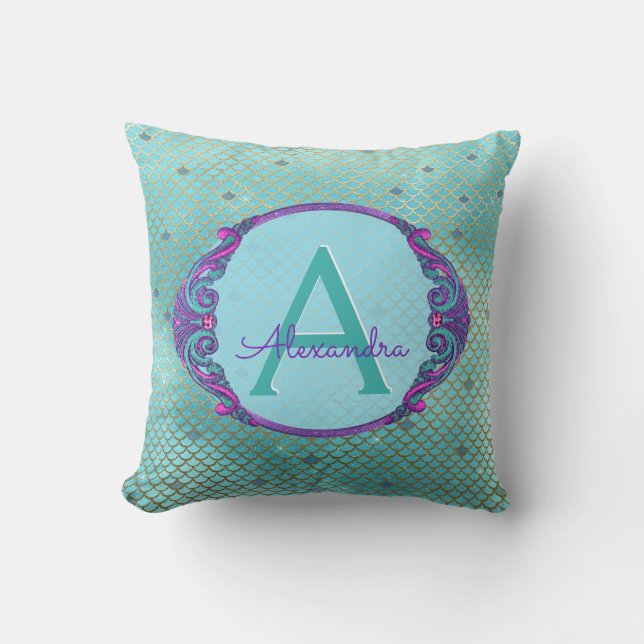 Teal Green and Purple Mermaid Scales Monogram Cushion (Front)