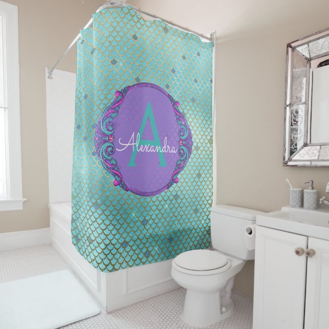 Teal Green and Purple Mermaid Scales Monogram Shower Curtain (In Situ)