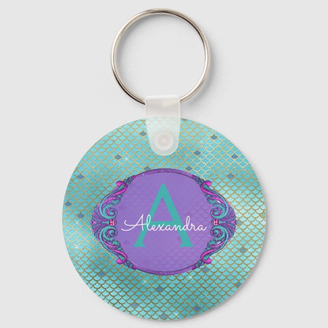 Teal Green and Purple Mermaid Scales Monogrammed Key Ring (Front)
