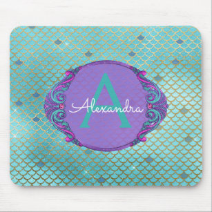 Teal Green and Purple Mermaid Scales Monogrammed Mouse Mat
