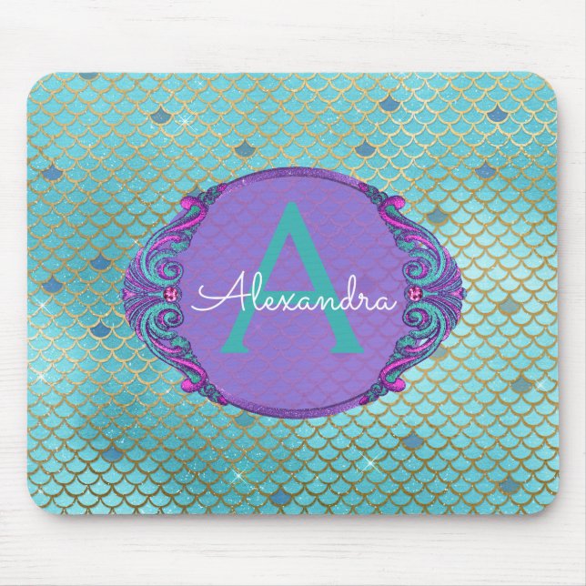 Teal Green and Purple Mermaid Scales Monogrammed Mouse Mat (Front)
