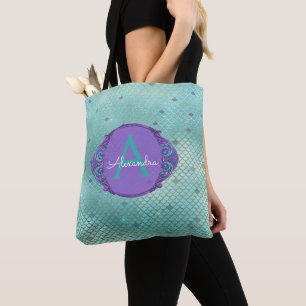 Teal Green and Purple Mermaid Scales Monogrammed Tote Bag