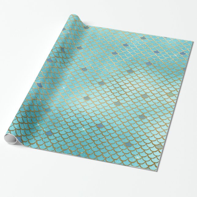 Teal Green and Purple Mermaid Scales Pattern Wrapping Paper (Unrolled)