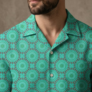 Teal Green and Red Geometric Kaleidoscope Mandala Fabric