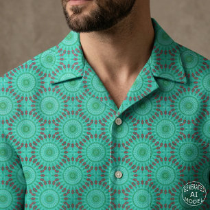 Teal Green and Red Geometric Kaleidoscope Mandala Fabric
