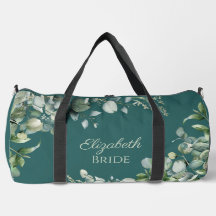 Teal green and white eucalyptus bride large duffle