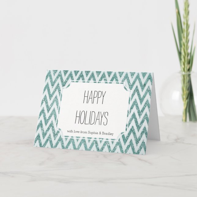 Teal Green and White Faux Glitter Zigzag Christmas Holiday Card (Front)