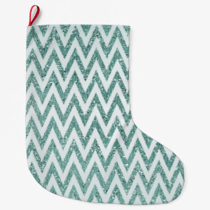 Teal Green and White Faux Glitter Zigzag Large Christmas Stocking