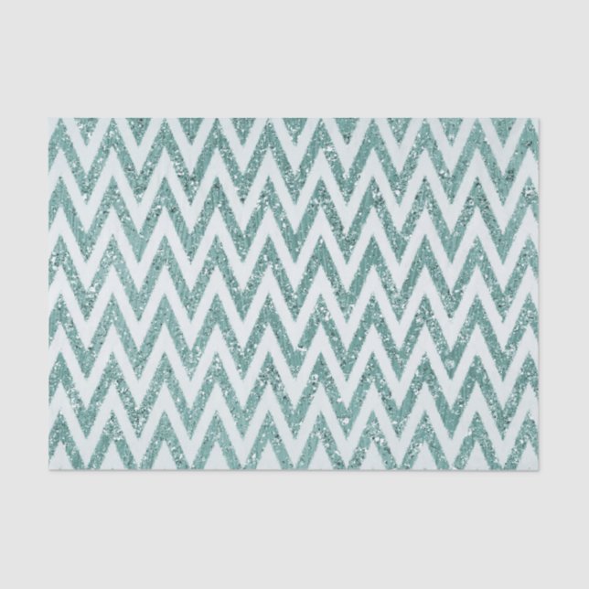 Teal Green and White Faux Glitter Zigzag Tissue Paper (Front)
