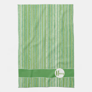 Teal, Green, and White Stripes Monogram Tea Towel