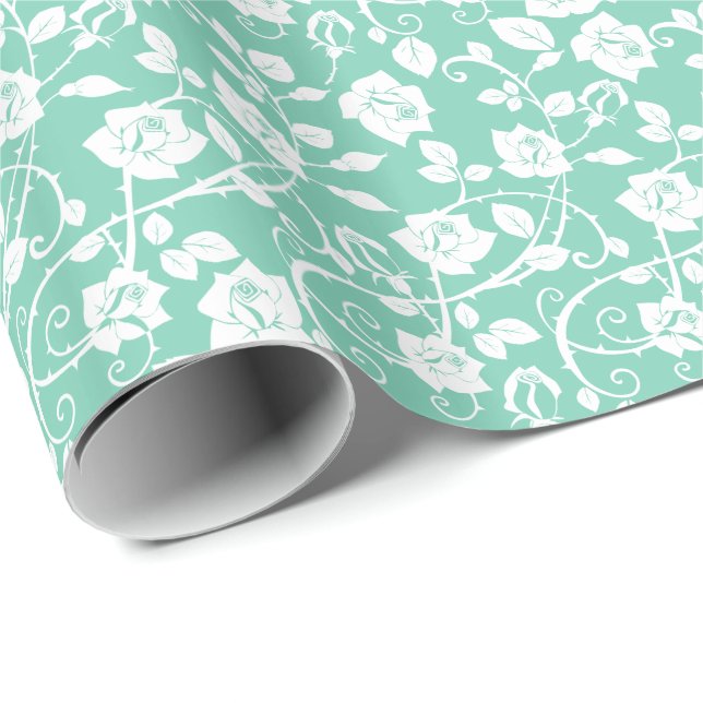 Teal-Green And White Stylised Roses Pattern Wrapping Paper (Roll Corner)