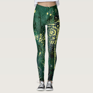 Teal Green and Yellow Abstract Grunge Pattern Leggings