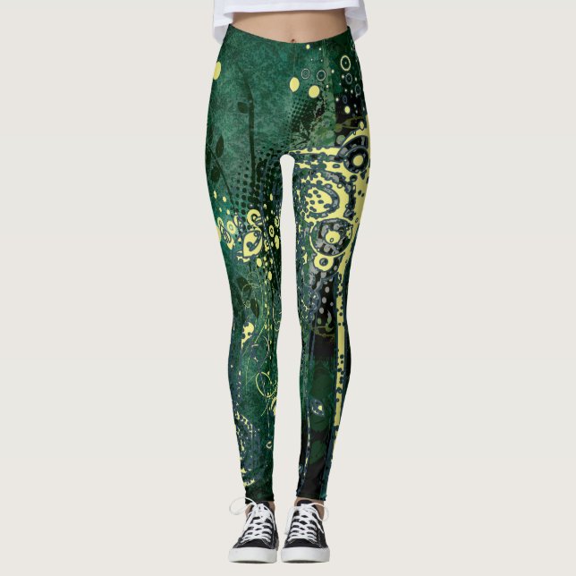 Teal Green and Yellow Abstract Grunge Pattern Leggings (Front)