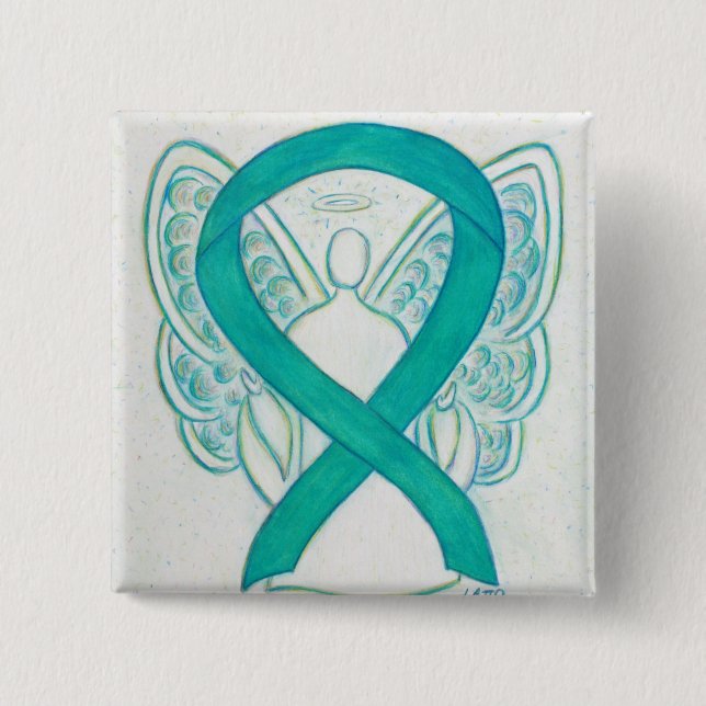 Teal Green Angel Awareness Ribbon Art Lapel Pin (Front)