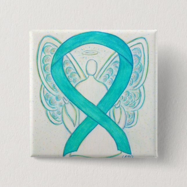Teal Green Angel Awareness Ribbon Custom Art Pins (Front)