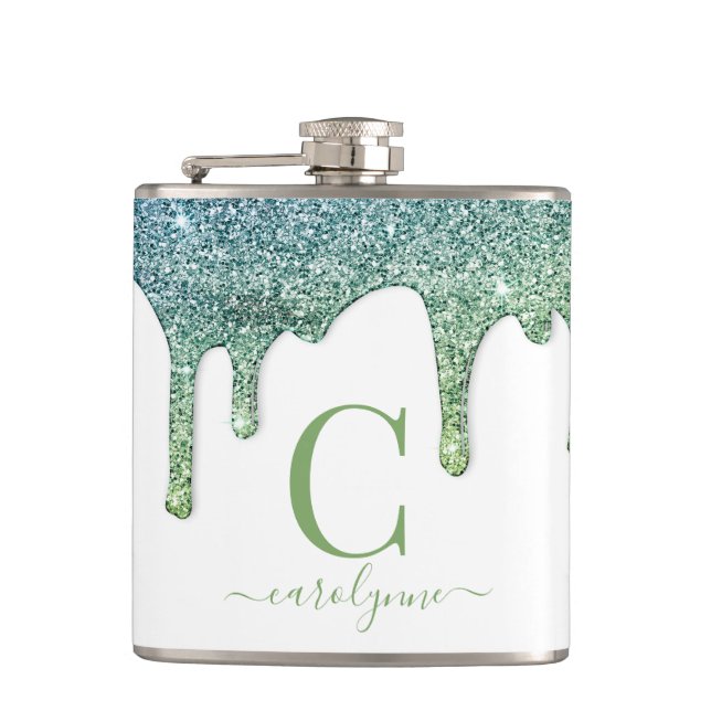 Teal Green Aqua Sparkle Glitter Drips Monogram Hip Flask (Front)