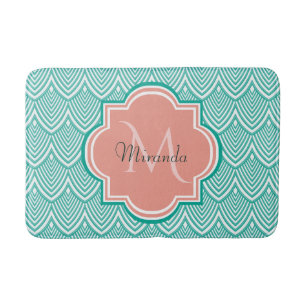 Teal Green Art Deco Fish Scales Pink Monogram Name Bath Mat
