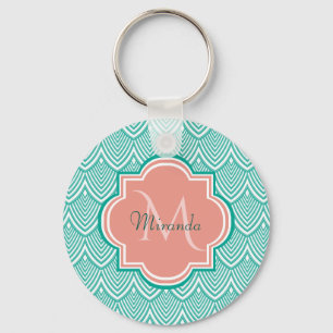 Teal Green Art Deco Fish Scales Pink Monogram Name Key Ring