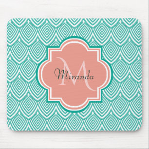 Teal Green Art Deco Fish Scales Pink Monogram Name Mouse Mat