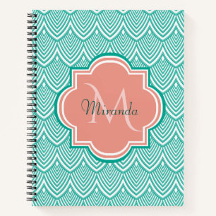 Teal Green Art Deco Fish Scales Pink Monogram Name Notebook