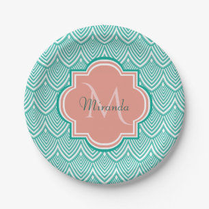 Teal Green Art Deco Fish Scales Pink Monogram Name Paper Plate