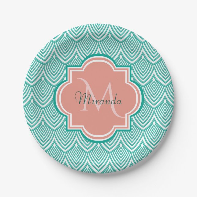 Teal Green Art Deco Fish Scales Pink Monogram Name Paper Plate (Front)