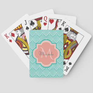 Teal Green Art Deco Fish Scales Pink Monogram Name Playing Cards