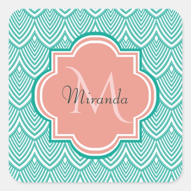 Teal Green Art Deco Fish Scales Pink Monogram Name Square Sticker (Front)
