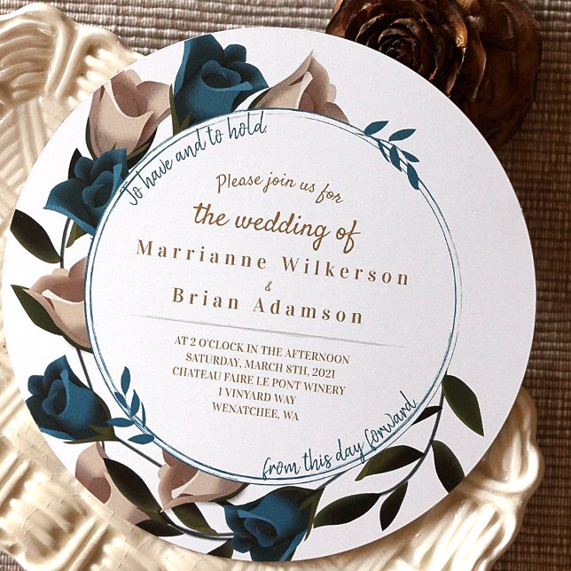 Teal Green, Beige Garden Roses Boho Wedding Invitation (Botanical Vintage Garden Wedding Invitation with Teal and Beige Roses)