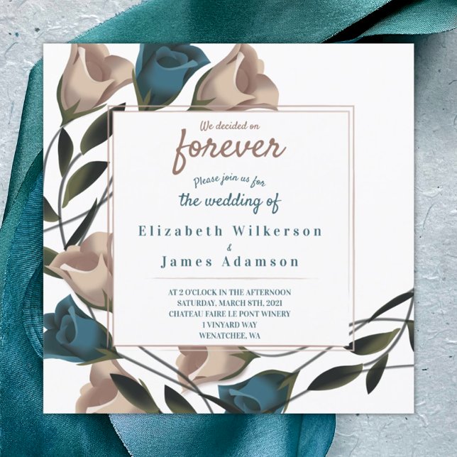 Teal Green, Beige Roses Wedding Invitation (Teal green beige roses unique square wedding invitation script writing, botanical rose boundary)