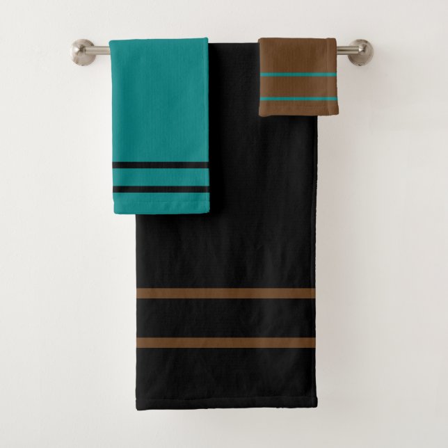 Teal Green Black Brown Geometric Stripes  Bath Towel Set (Insitu)