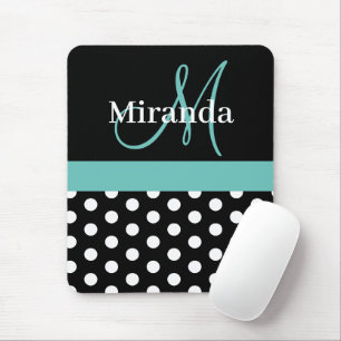 Teal Green Black White Polka Dot Monogram Mouse Mat