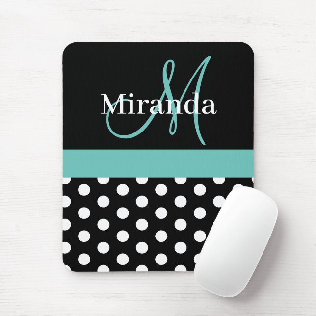 Teal Green Black White Polka Dot Monogram Mouse Mat (With Mouse)