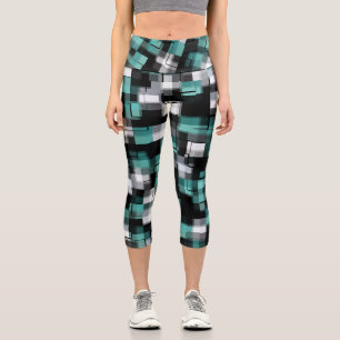 Teal Green Blue Black White Abstract Plaid Capri Leggings